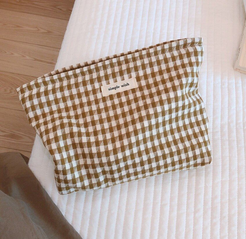 Makeup Cosmetic Bag Women Cotton Plaid Organizer Kit Beauty Brushes Storage Case