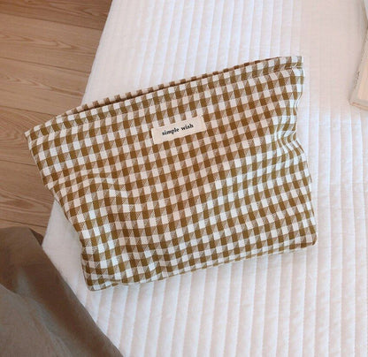 Makeup Cosmetic Bag Women Cotton Plaid Organizer Kit Beauty Brushes Storage Case