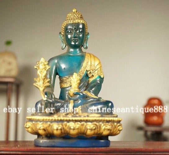 5'' Old Tibet Colored Glaze Gilt Menla Medicine Buddha Medical God Lotus Statue