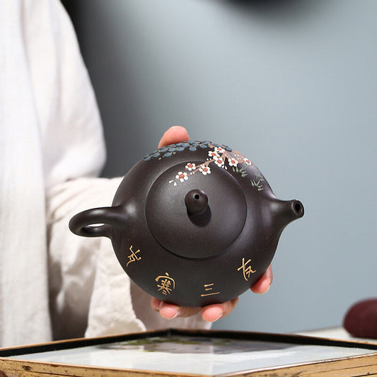 5.4" Yixing Zisha Pottery Black Gold Sand 180ML Pine Tree Plum Blossom Teapot