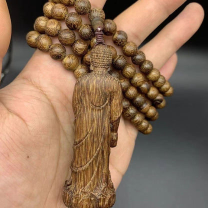 8mm*108 Beads Natural Wood Rulaifo Buddha Pendant Blessing Necklace