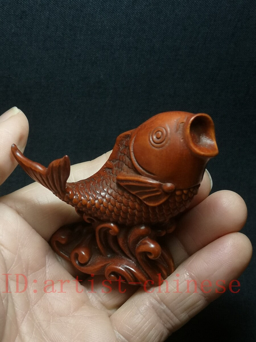 Japanese Rare Boxwood Hand Carved Lovely Fish Figure Statue Netsuke Collect Gift
