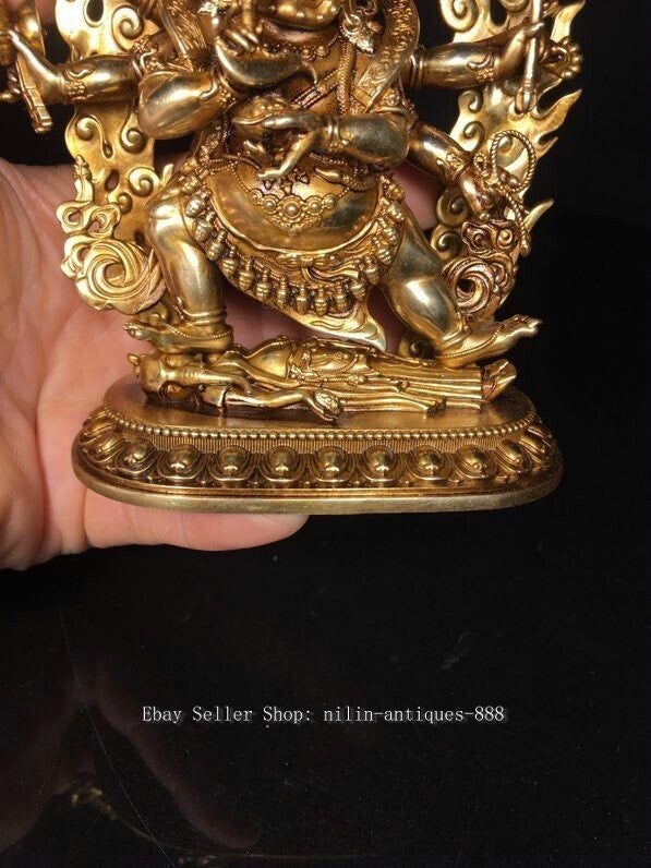 4.9" Old Tibet Buddhism Bronze Gilt 6 Arms Mahakala Wrathful Deity Buddha Statue