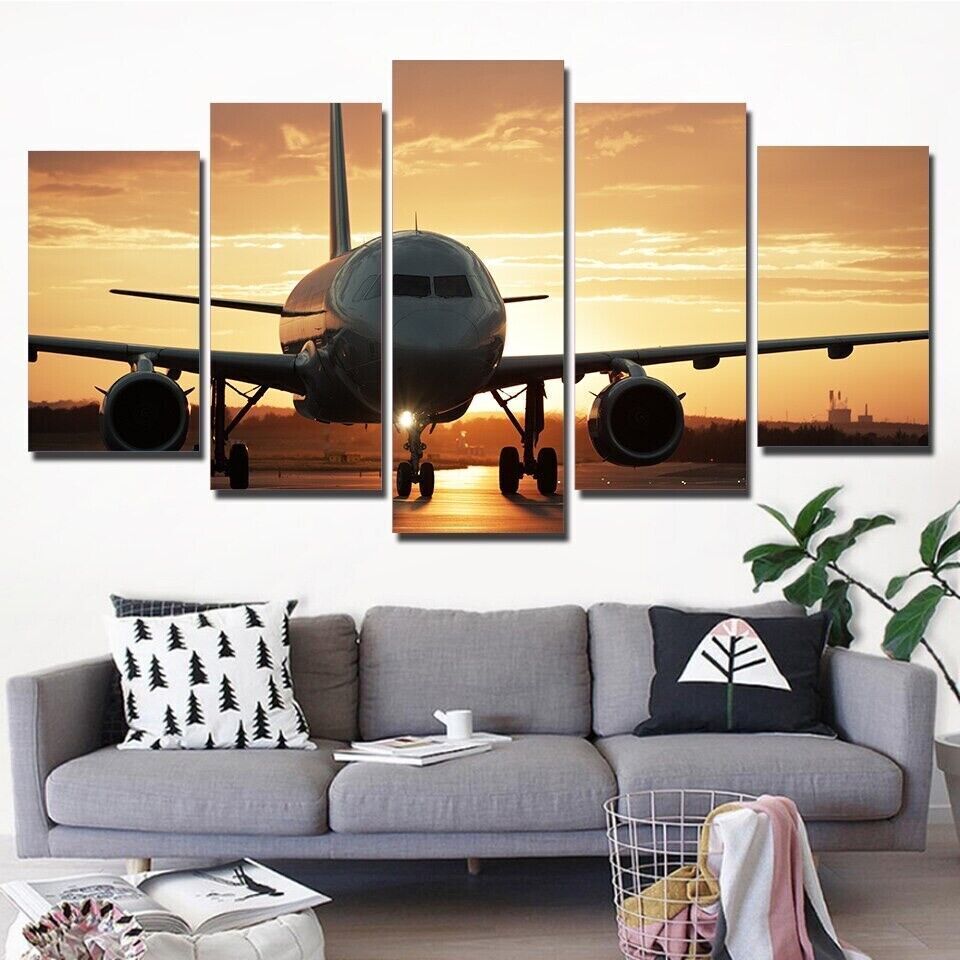 Airplane Golden Sunset 5 Piece Canvas Print Modern Wall Art Poster Home Decor