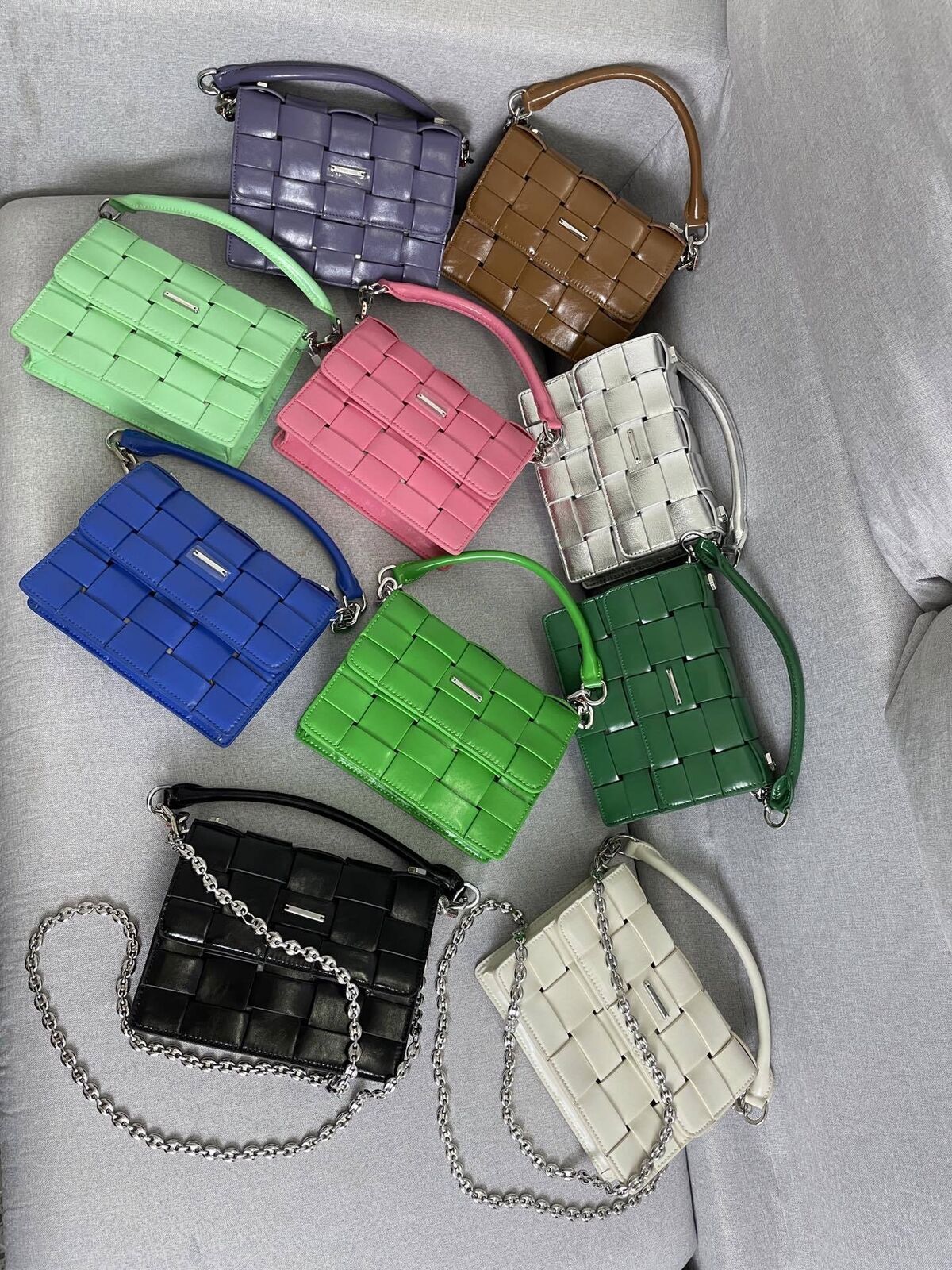 Woven Leather Small Flap Purse Chains Satchel Mini Tote Crossbody Shoulder Bag