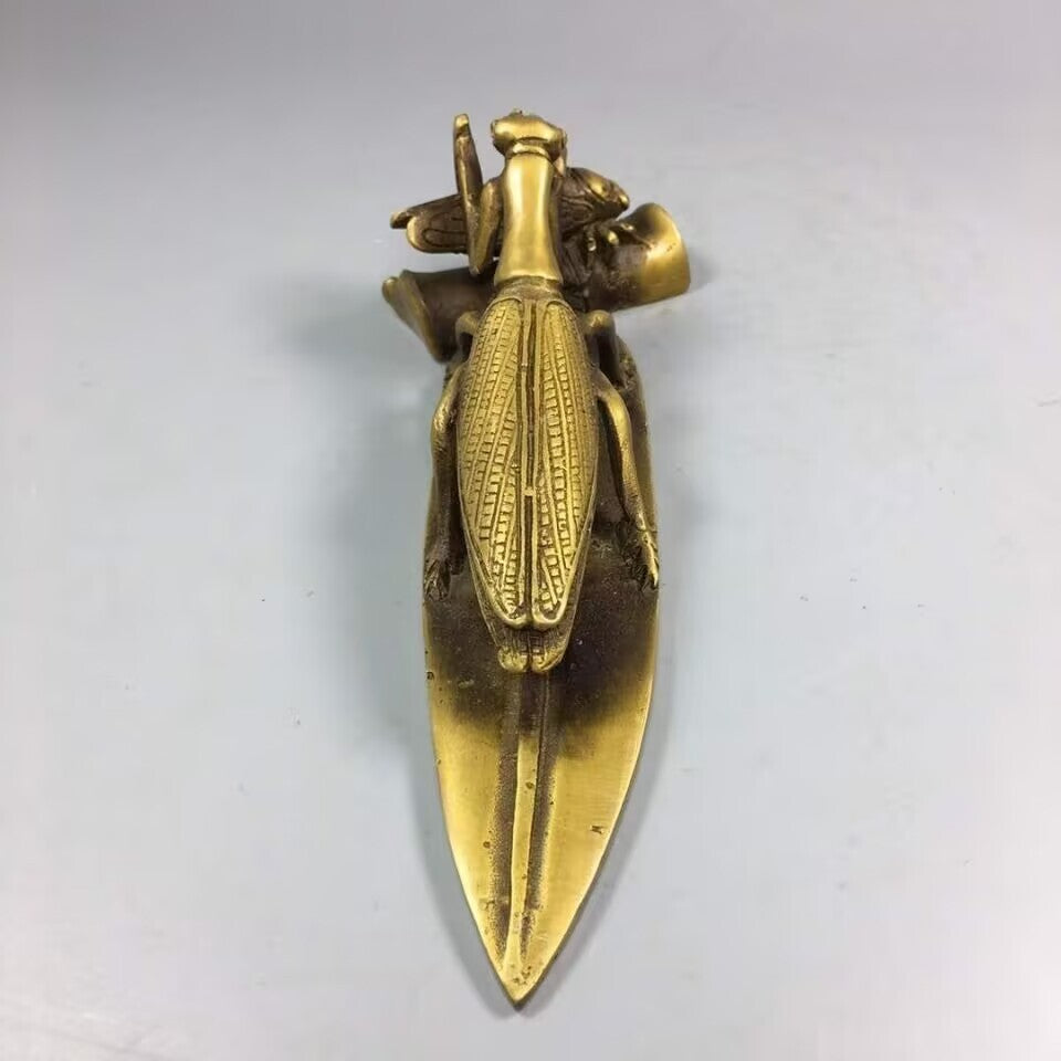 Brass Manti Stalking Cicada Statue Paper Weight Collection Table Zen Decor