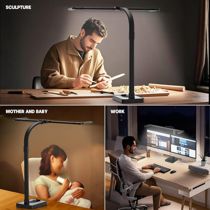 LED Desk Lamp for Home Office - 24W Bright Double Head Desk Light with Clamp Eye