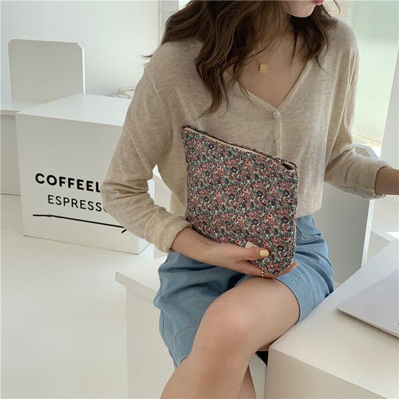 Floral Cosmetic Bag Cotton Fabric Make Up Storage Pouch Vintage Phone Clutch Bag