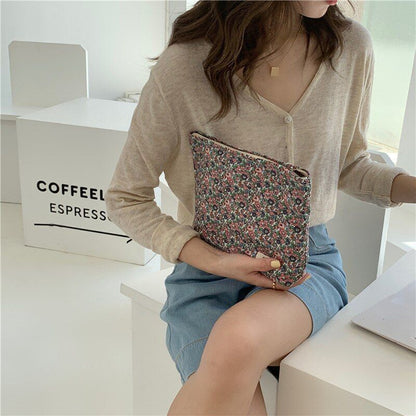 Floral Cosmetic Bag Cotton Fabric Make Up Storage Pouch Vintage Phone Clutch Bag