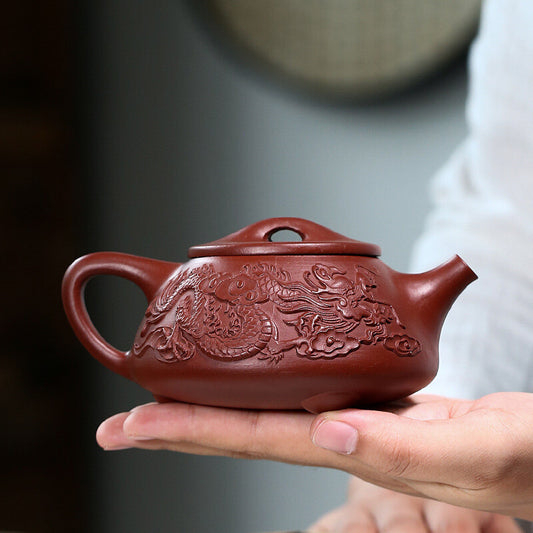 5.4" Chinese Yixing Zisha Pottery Clovershrub Clay 250ML Two Dragon Teapot 双龙石瓢