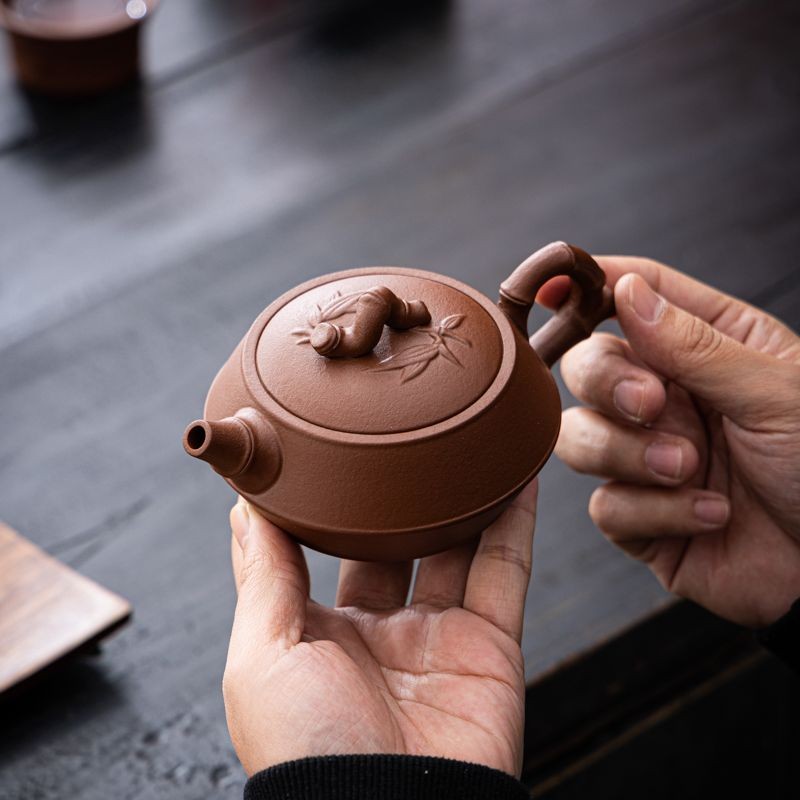 Vintage Yixing Clay Teapot Pear Skin Bamboo Pattern Tea Kettle 210ml