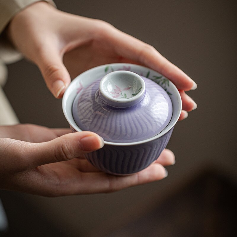 Hand Painted Flowers Gaiwan for Tea Ceramic Stripe Tureen Teaware Set Purple