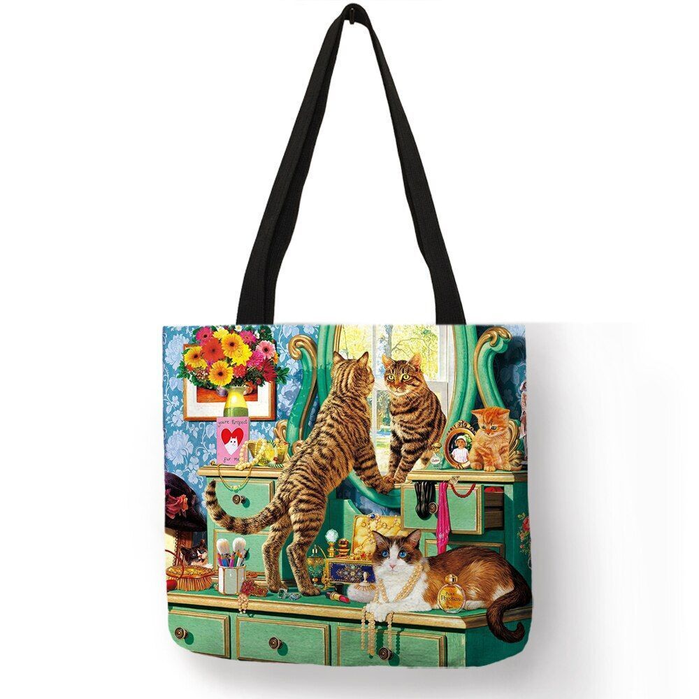 Cat Print Tote Bag Linen Reusable Shopping Bag Oil Painting Shoulder Shopper Bag