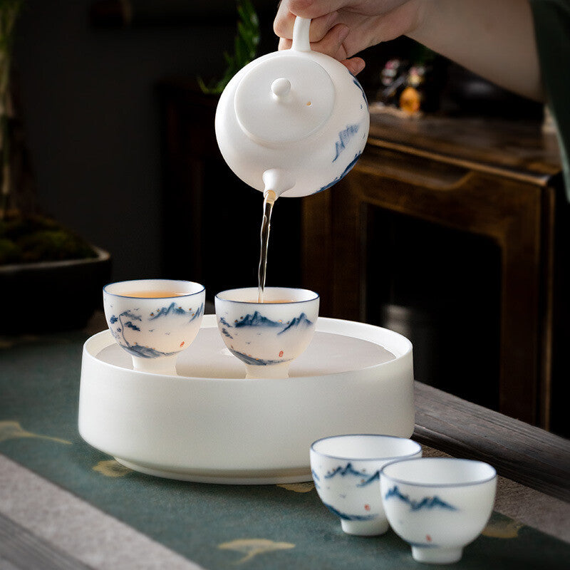 Chinese Tea Set Fat Mutton Jade Porcelain Tea Pot Cup Handpainted Tea Tray New
