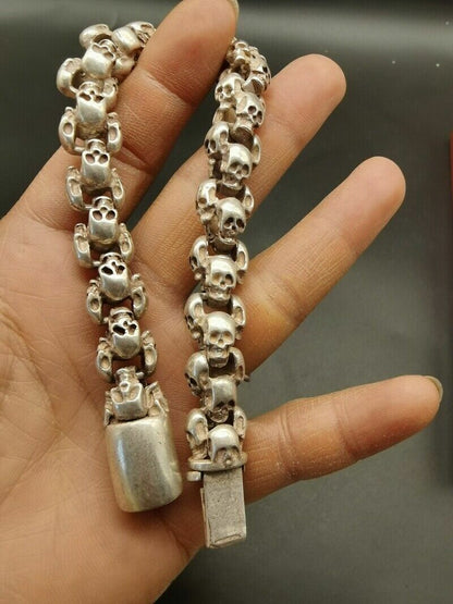 Old Chinese tibet silver hand-carved Skull lucky Bracelet