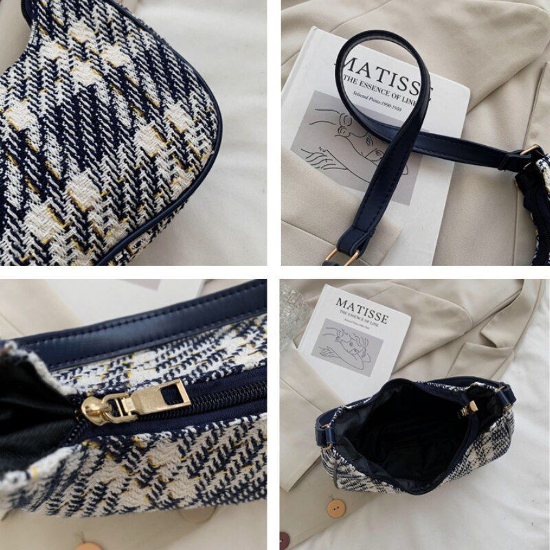 Plaid Canvas Bag Synthetic Leather Shoulder Bag Simple Zipper Handbags 24*8*18CM