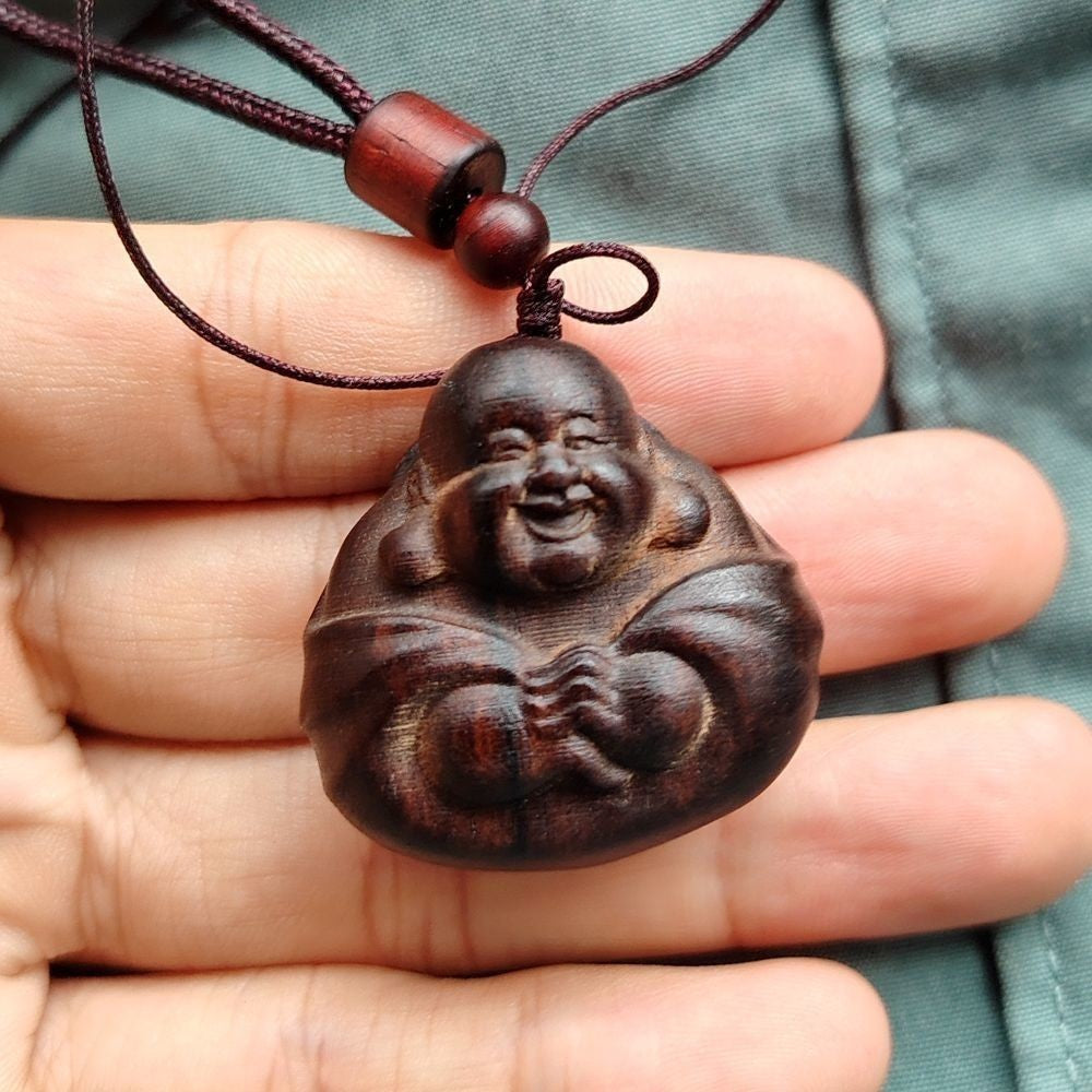 Indonesian Agarwood Maitreya Pendant Carved Buddha Amulet Necklace Hand Piece