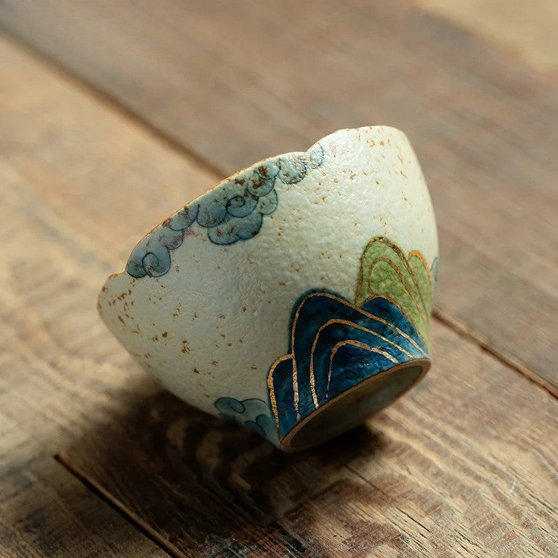 85ml Handpainted Tracing Gold Green Mountain Teacup Tea Bowl Tea-tasting Cup