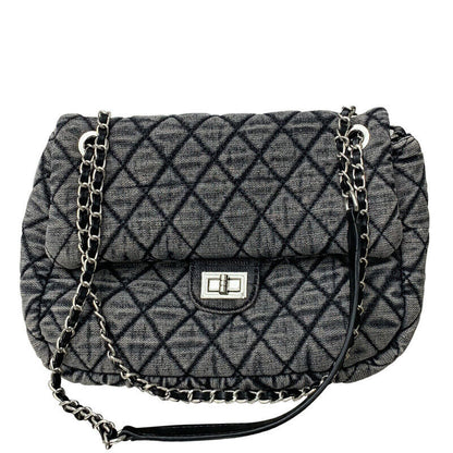 Large Quilted Denim Shoulder Bag Flap Purse Handbag w/ Chains Fashion Hobo Tote