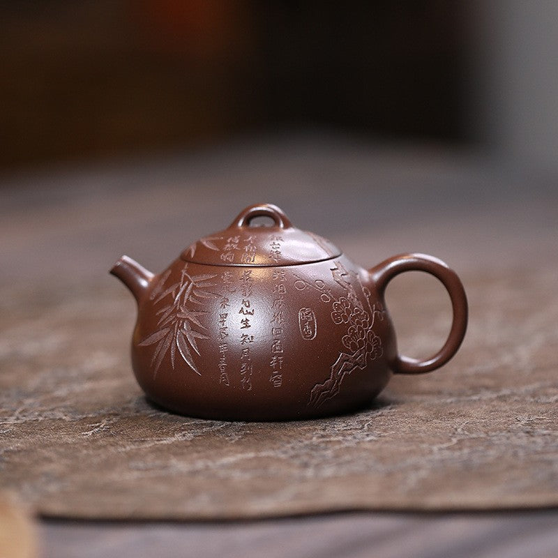 Handmade Tea Pot Hand Carved Real Yixing Zisha Qinquan Pot Chinese Kungfu Teapot