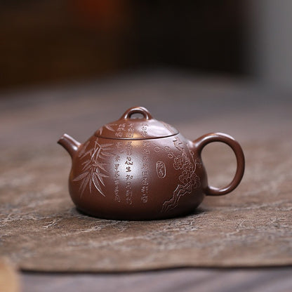 Handmade Tea Pot Hand Carved Real Yixing Zisha Qinquan Pot Chinese Kungfu Teapot