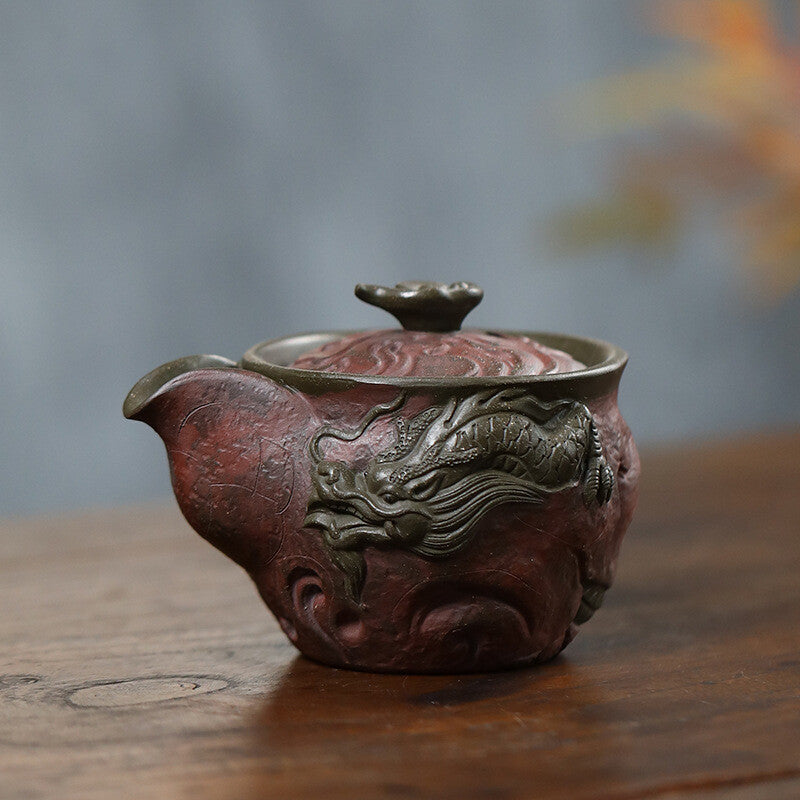 True Yixing Zisha Purple Clay Tea Pot Handmade Dragon Carved Relief Master Pot