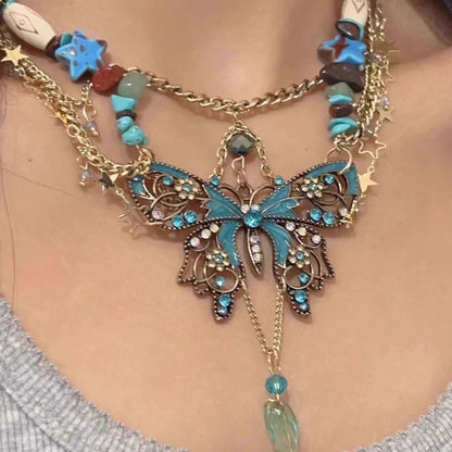 Retro Butterfly Choker Beaded Necklace 2-in-1 Cool Unique Simulated Turquoise