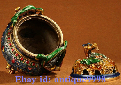 7.8" Old China Cloisonne Enamel Pure Bronze Dragon 3 Legs Incense Burner Censer