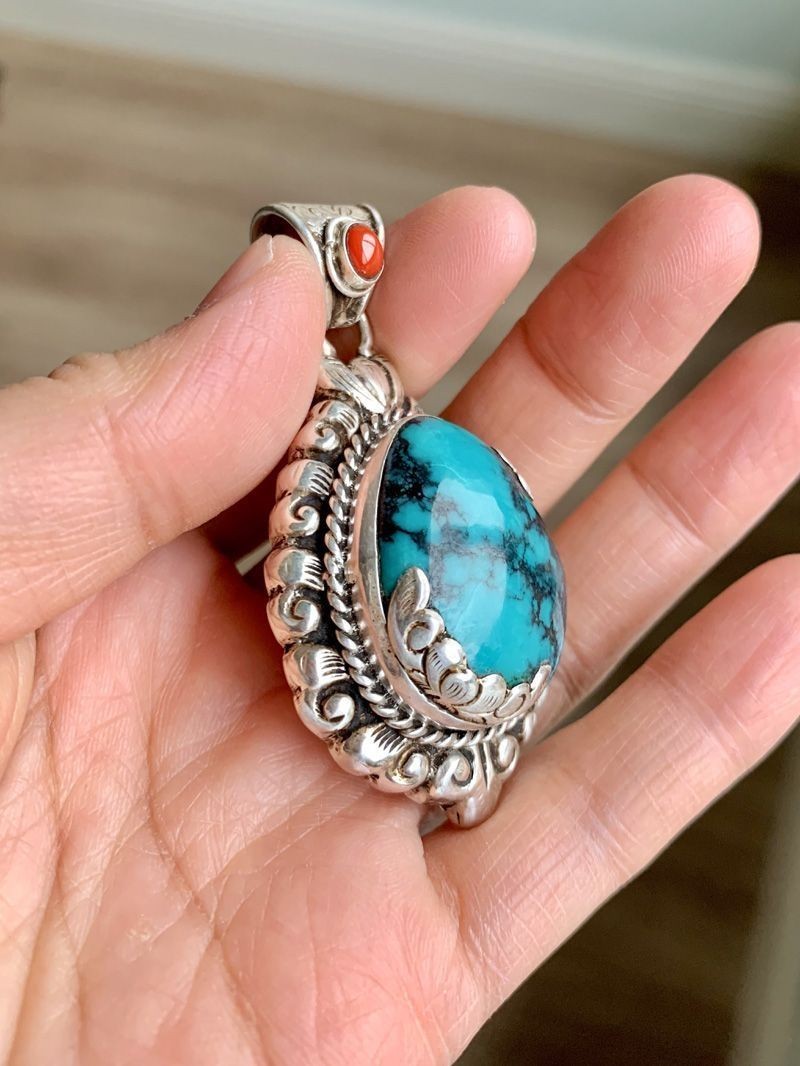 Nepalese Ethnic Blue Stone Pendant Handmade Silver Inlaid Tribal Jewelry
