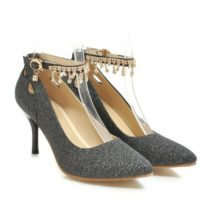 Slip On Women Pumps Shoes Beads Ankle Strap Stiletto Heels Pointy Toe Bling Chic