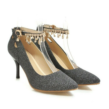 Slip On Women Pumps Shoes Beads Ankle Strap Stiletto Heels Pointy Toe Bling Chic