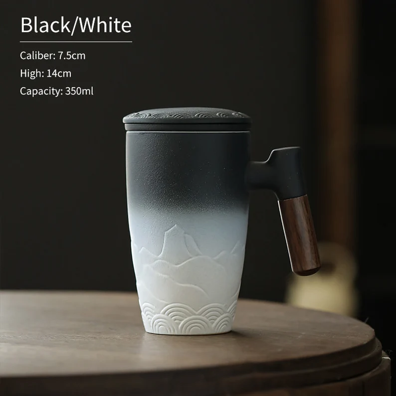 Embersceramic Ceramic Tea Cup with Infuser and Lid Tea Mugs Wooden Handle 350ml