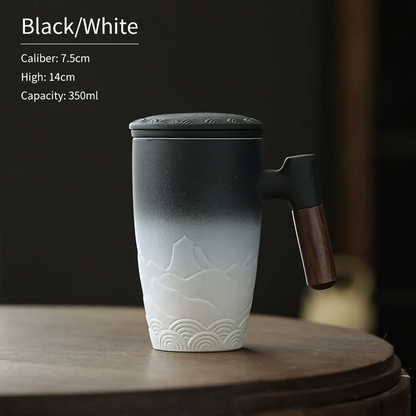 Embersceramic Ceramic Tea Cup with Infuser and Lid Tea Mugs Wooden Handle 350ml