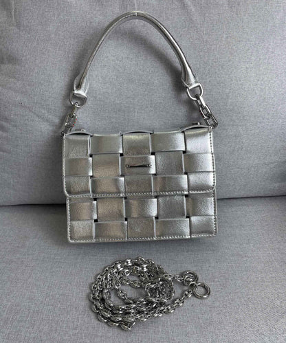 Woven Leather Small Flap Purse Chains Satchel Mini Tote Crossbody Shoulder Bag