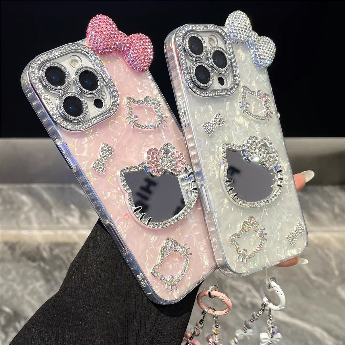 For iPhone 17 Pro Max/16/15 Cute Bling Mirror Girl Case Cover w/ Chain