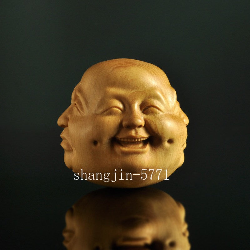 Boxwood Carved 4 Faced Emotions Buddha Head Statue Figurine Collection
