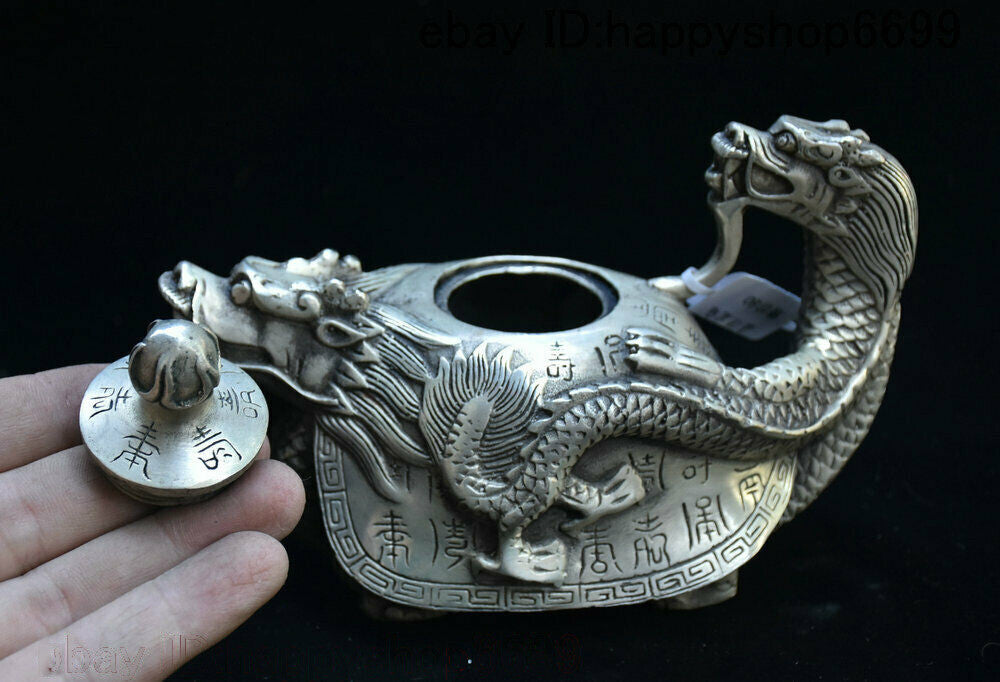 Old China Silver Dragon Tortoise Turtle Wine Tea Pot Flagon Teapot Stoup Statue