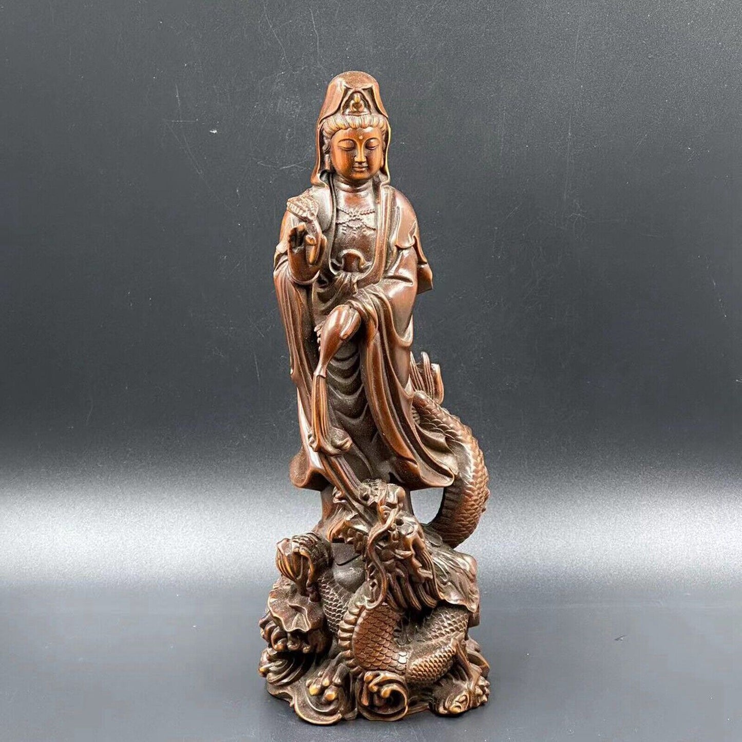 Collection China Boxwood Carving Dragon Kuan Yin Statue Sculpture Decoration Art