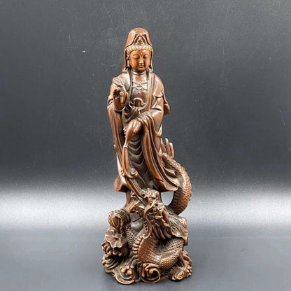 Collection China Boxwood Carving Dragon Kuan Yin Statue Sculpture Decoration Art