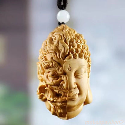 Devil Satan Buddha Deity Head Carved Solid Wood Man Carved Statue Decoration