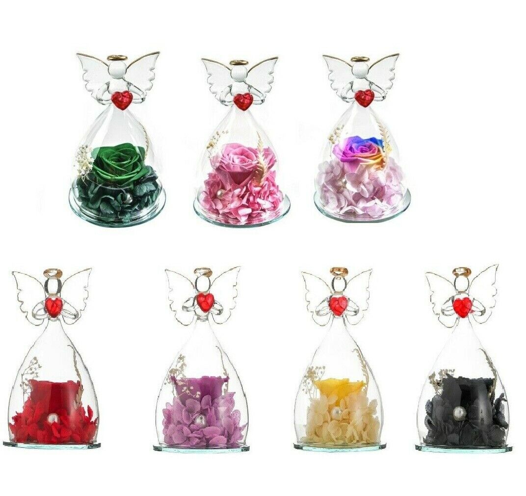 Real Rose Angel In Glass Dome Preserved Flowers Wedding Birthday Gifts 2.9 x4.3"