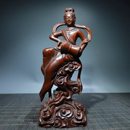 Vintage Chinese Boxwood Carved Pretty Woman Statue Woodwork Sculptures Decor Art