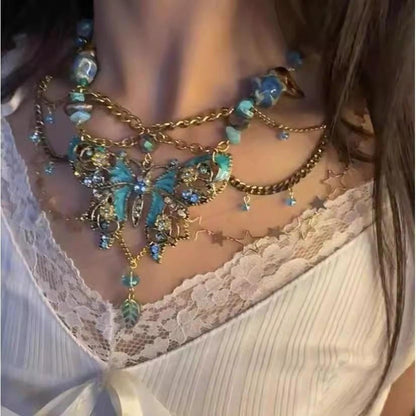 Retro Butterfly Choker Beaded Necklace 2-in-1 Cool Unique Simulated Turquoise