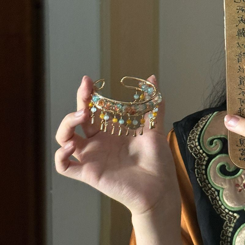 New Chinese Tassel Cuff Bracelet Boho Fairy Beaded Open Bangle Gold
