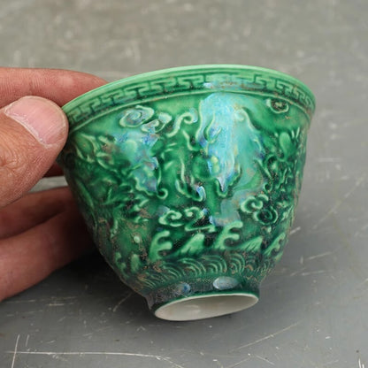 Chinese Ming Chenghua Green Glaze Porcelain Carved Dragon Design Teacup Cup 2.8"