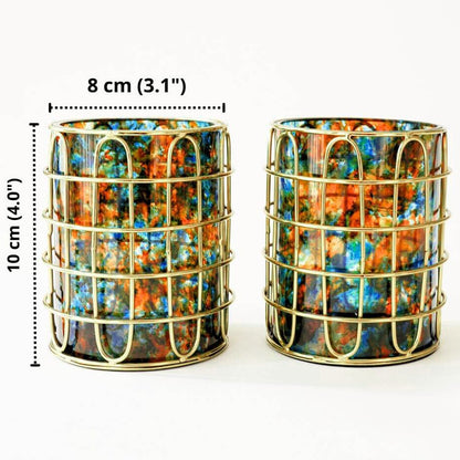 Set of 2 Stainless Steel (Gold Color) and Turquoise Glass Silverware Holders