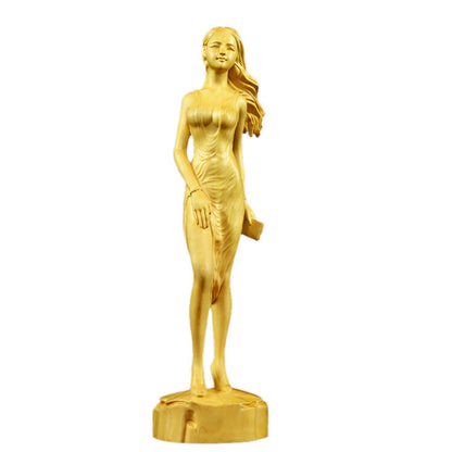Chinese Boxwood Wood Hand-carved Beautiful Woman Belle Girl Lady Fashion Statue