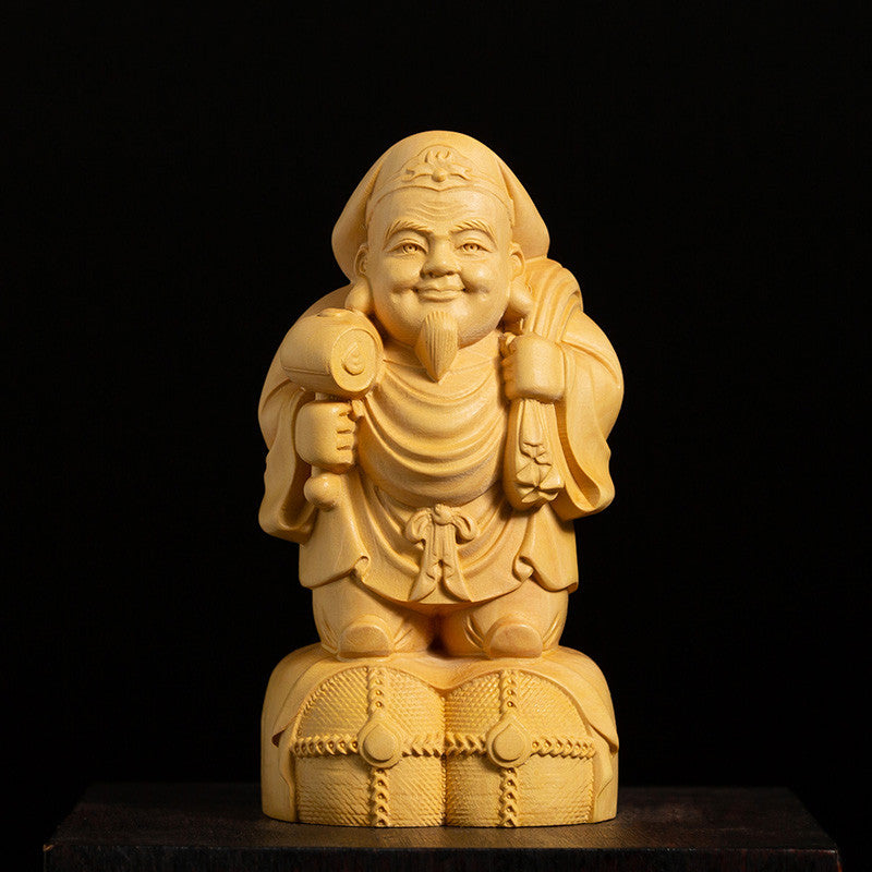 10CM Tall Daikokuten Boxwood Sculpture God of Wealth Wood Carving Statue