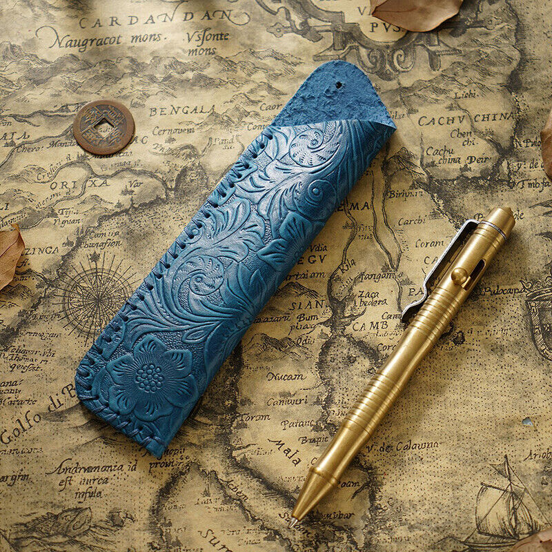Portable Real Leather Pen Protector Bag Holder Pencil Case Handmade Carved Gifts