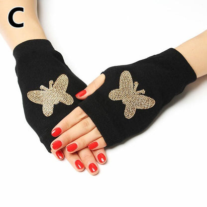Women Fingerless Gloves Black Colour Half Finger Animals Pattern Rose Embroidery